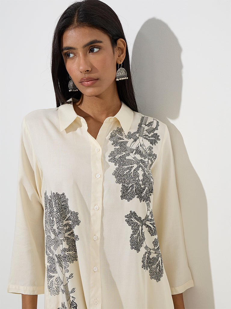Utsa Off-White Botanical Design Straight Kurta
