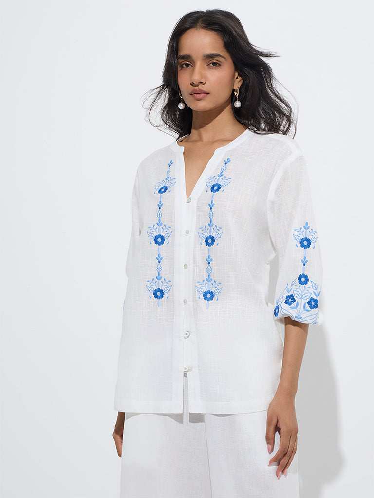 westisde Utsa Women's White Floral Embroidered Cotton Tunic for Work Wear Front View