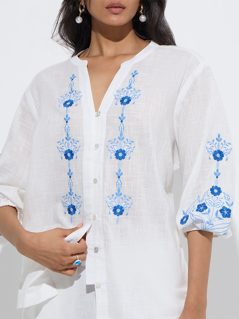 westisde Utsa Women's White Floral Embroidered Cotton Tunic for Work Wear Zoom View