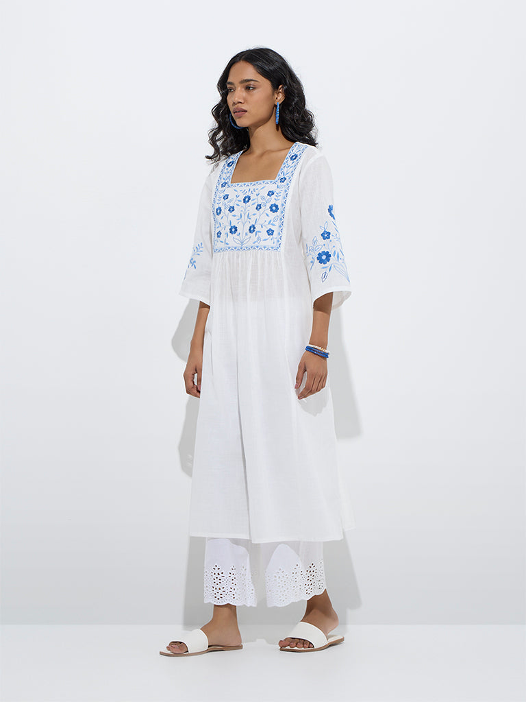 westisde Utsa Women's White Floral Embroidered Cotton A-Line Kurta for Work Wear Front View