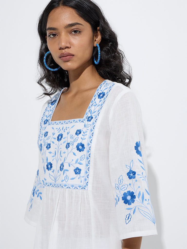 westisde Utsa Women's White Floral Embroidered Cotton A-Line Kurta for Work Wear Zoom View