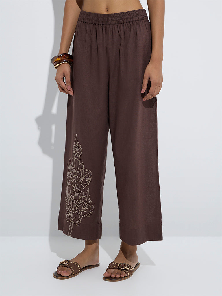 Utsa Brown Floral Embroidered Cotton Ethnic Pants