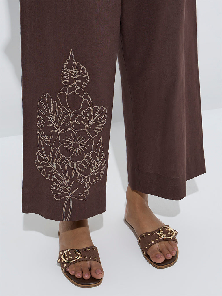 Utsa Brown Floral Embroidered Cotton Ethnic Pants