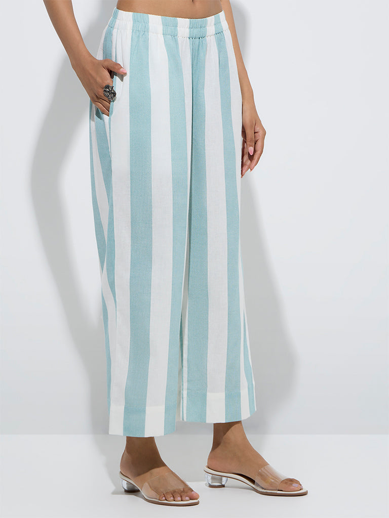 westisde Utsa Women's Turquoise Striped Cotton-Blend Ethnic Pants for Everyday Front View