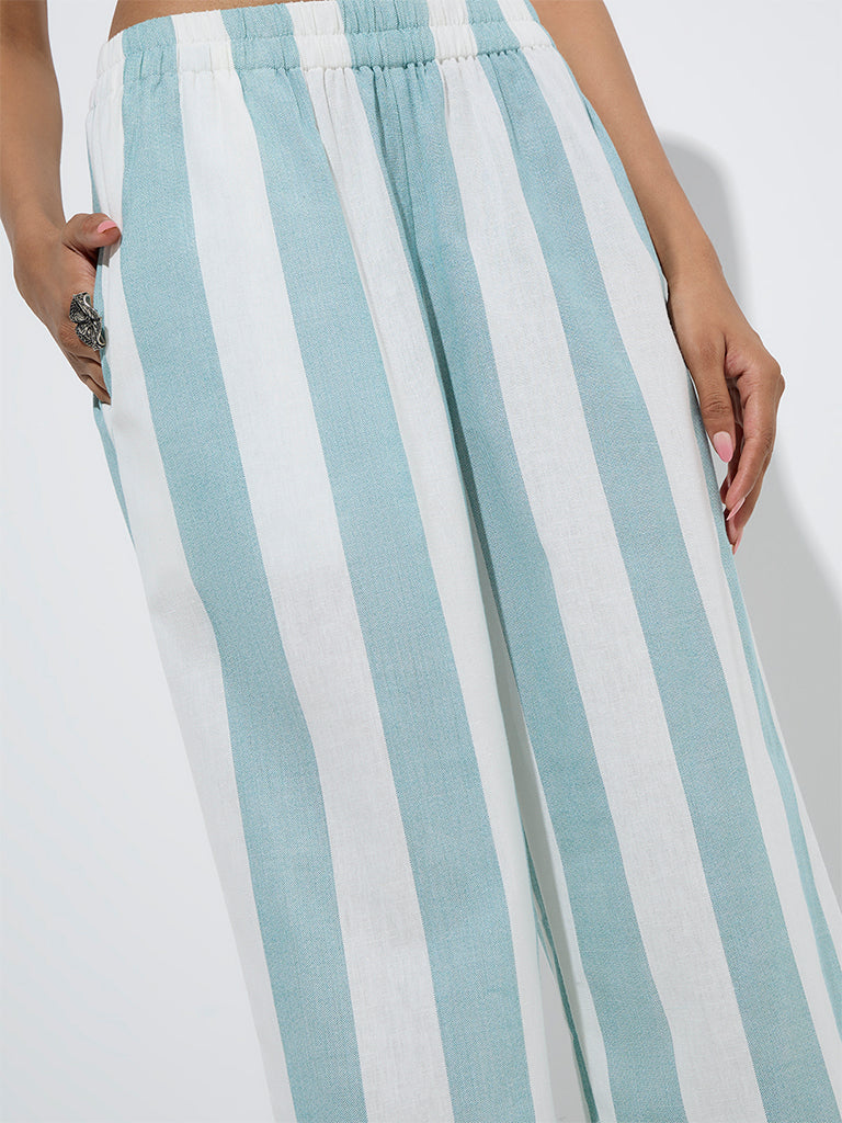 westisde Utsa Women's Turquoise Striped Cotton-Blend Ethnic Pants for Everyday Zoom View