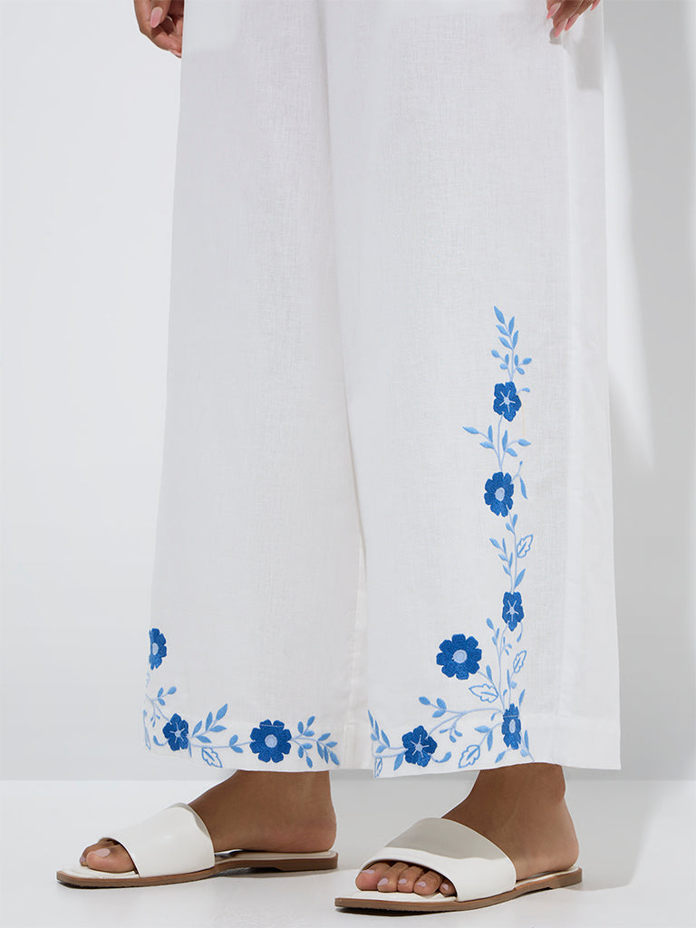 westisde Utsa Women's White Floral Embroidered Cotton-Blend Palazzos for Work Wear Zoom View