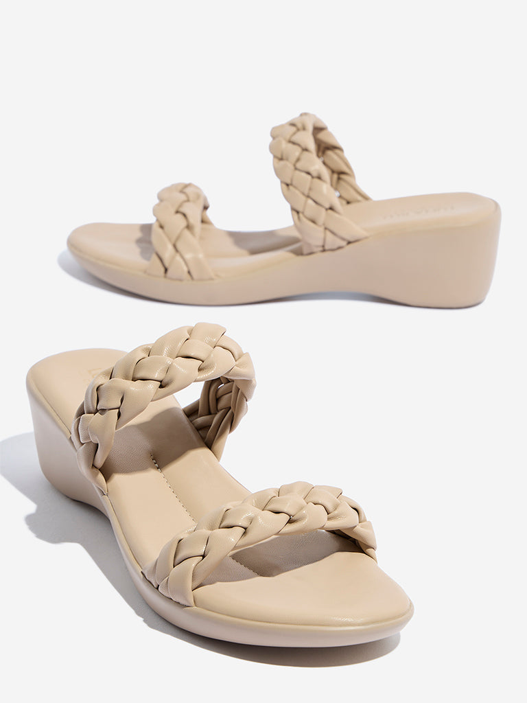 Westside LUNA BLU Women's Beige Woven-Textured Wedge Comfort Sandals for Casual Wear Zoomed View