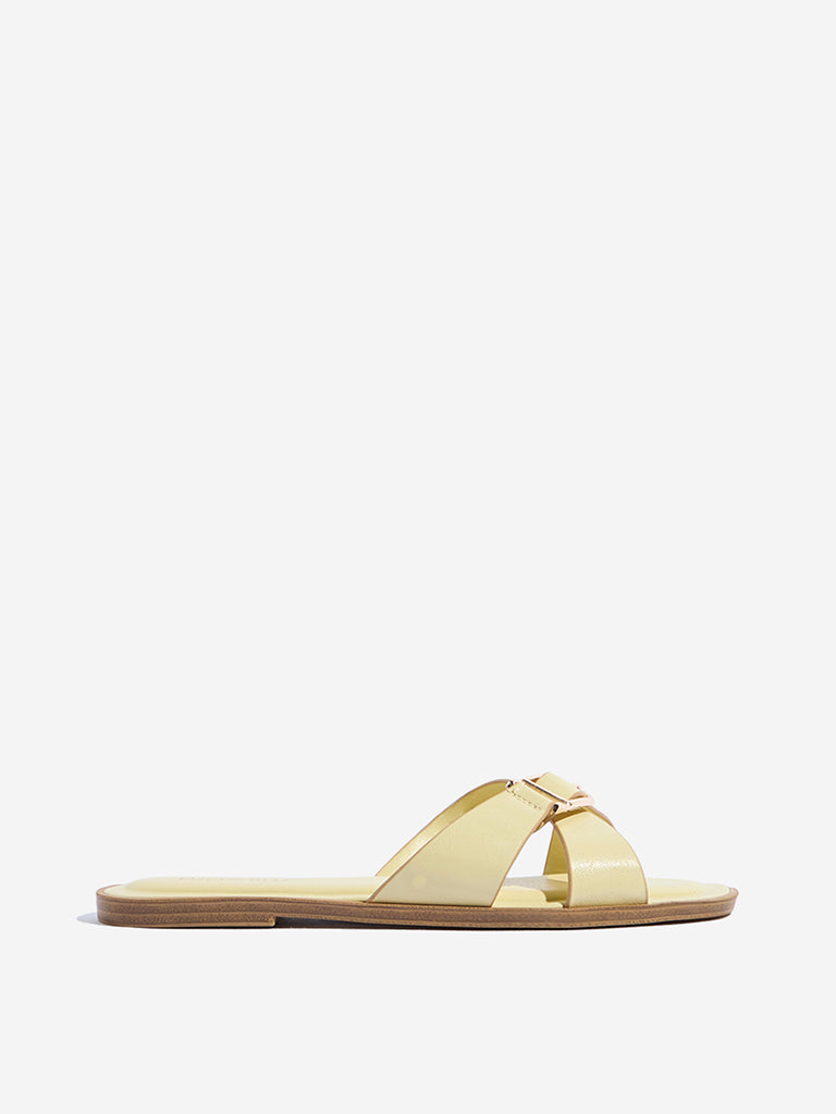 Westside LUNA BLU Women's  Yellow Criss-Cross Detailed Slides for Casual Wear Side View