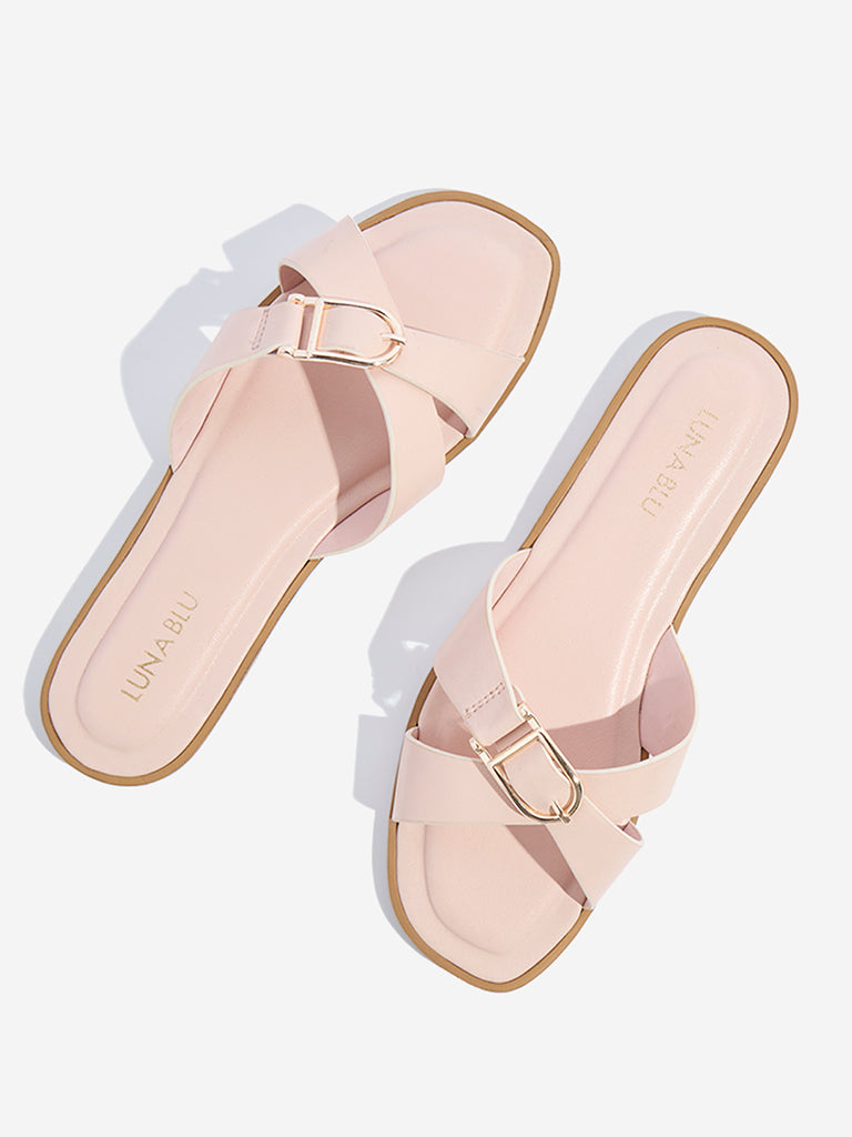 LUNA BLU Pink Buckle-Detailed Slides