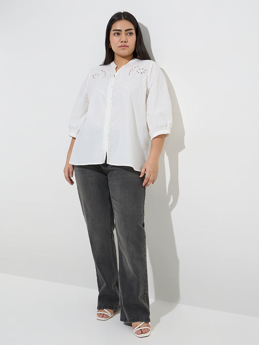 Westside Gia Women's White Embroidered Cotton Blouse for Casual Wear Full Model View