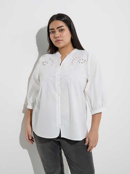 Westside Gia Women's White Embroidered Cotton Blouse for Casual Wear Front View
