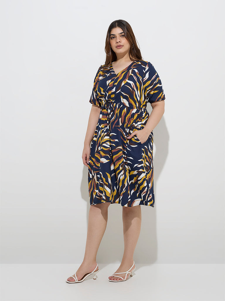 Gia Navy Leaf Printed A-Line Dress
