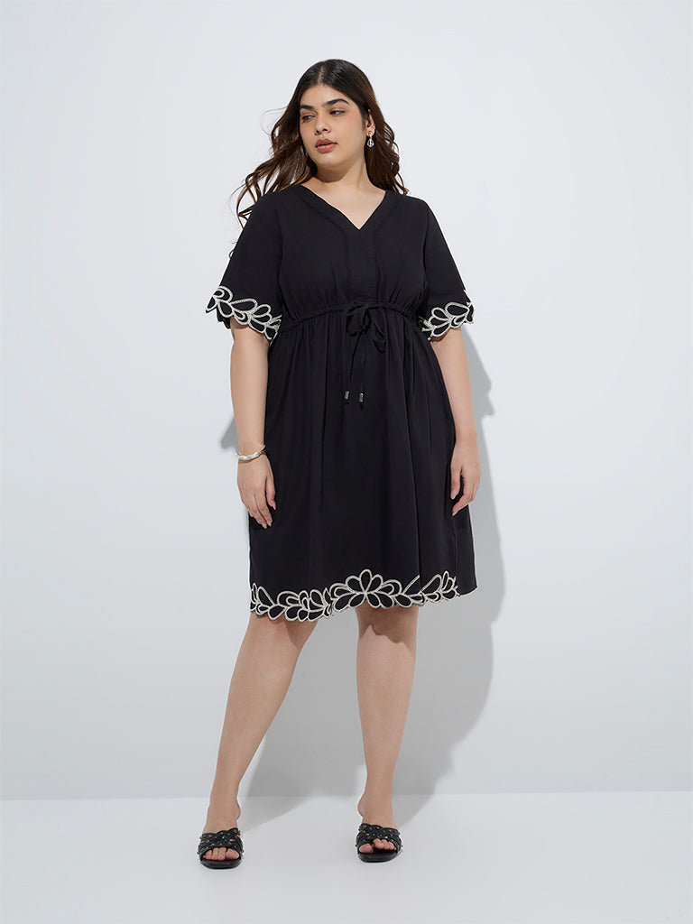 westisde Gia Women's Black Embroidered Cotton A-Line Dress for Casual Wear Full Model View
