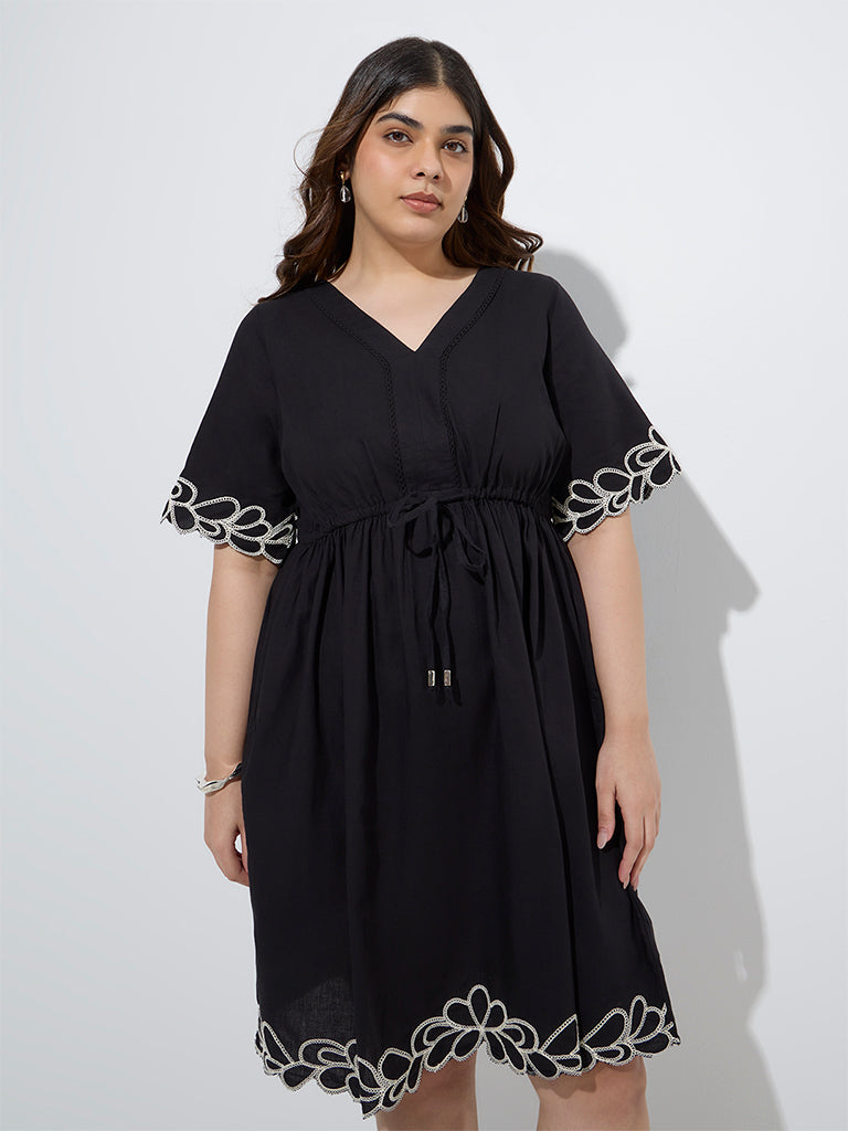 westisde Gia Women's Black Embroidered Cotton A-Line Dress for Casual Wear Front View