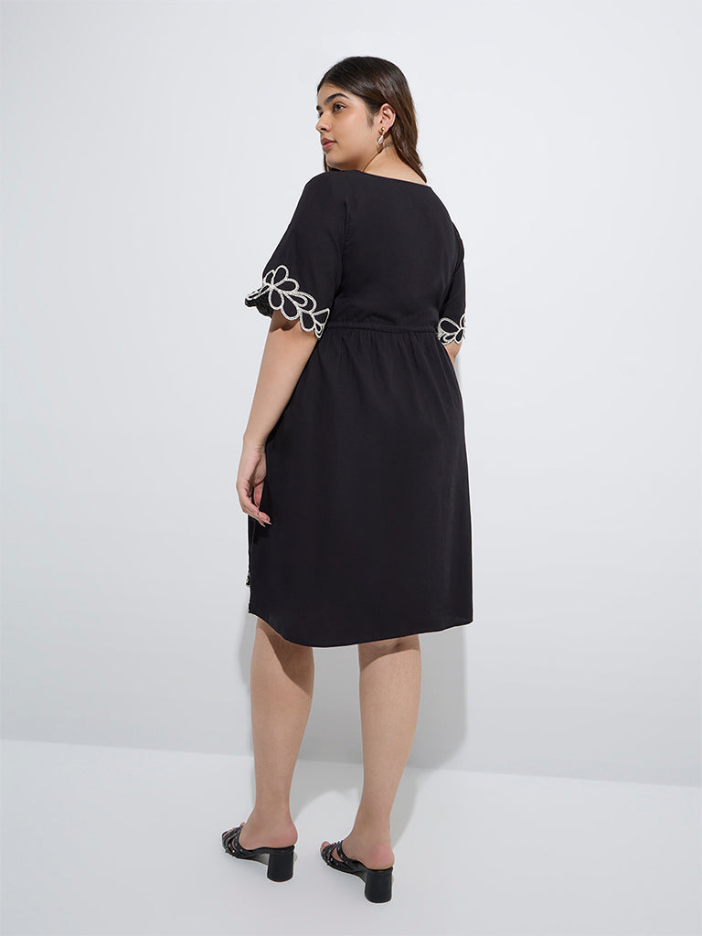 westisde Gia Women's Black Embroidered Cotton A-Line Dress for Casual Wear Back View