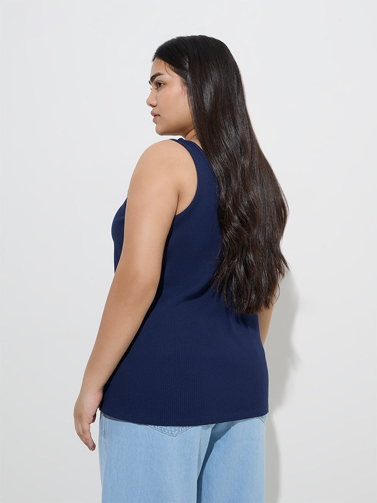 Gia Navy Ribbed-Textured Cotton-Blend Tank Top