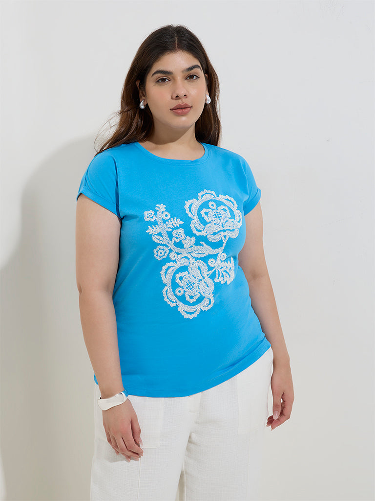 Gia Blue Floral Printed Cotton T-Shirt