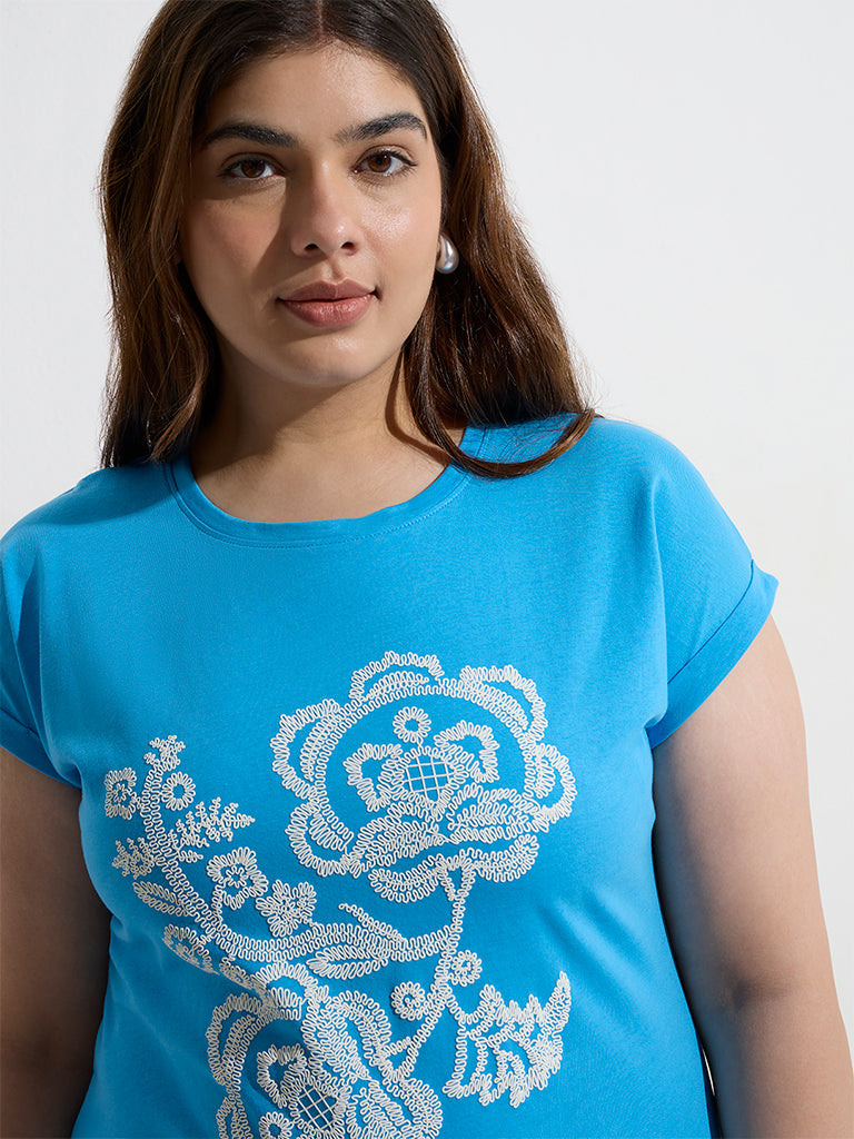 Gia Blue Floral Printed Cotton T-Shirt
