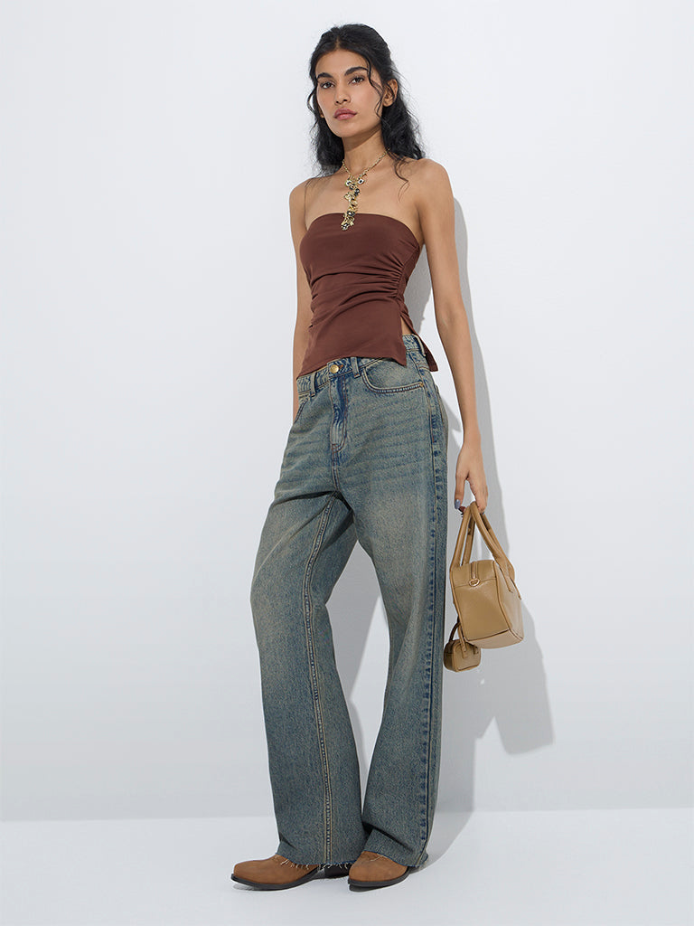westisde Nuon Women's Blue Washed Relaxed-Fit High-Rise Jeans for Casual Wear Full Model View