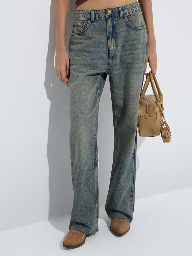 westisde Nuon Women's Blue Washed Relaxed-Fit High-Rise Jeans for Casual Wear Front View