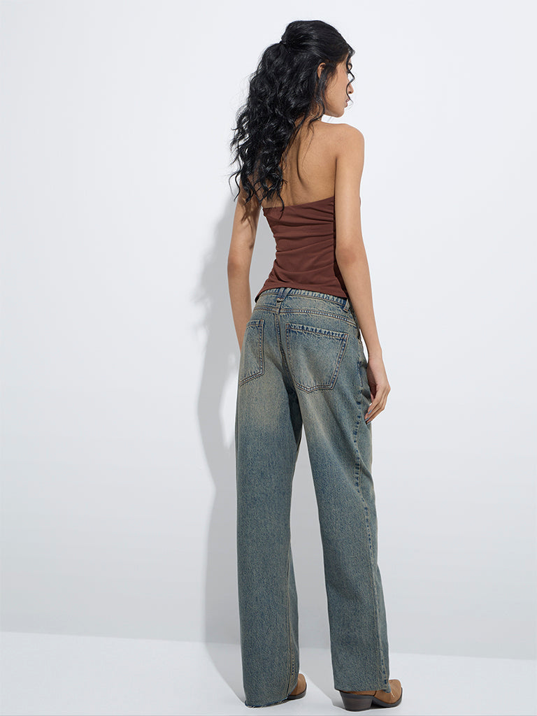 westisde Nuon Women's Blue Washed Relaxed-Fit High-Rise Jeans for Casual Wear Back View