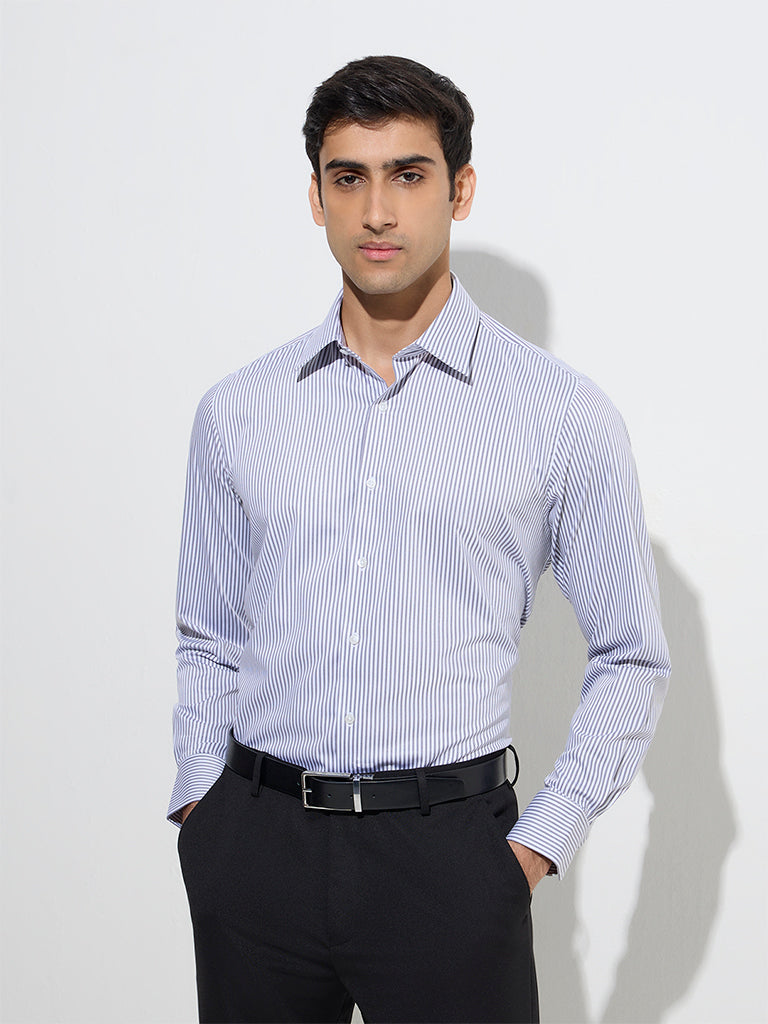 WES Formals Grey Stripe Printed Slim-Fit Cotton Shirt