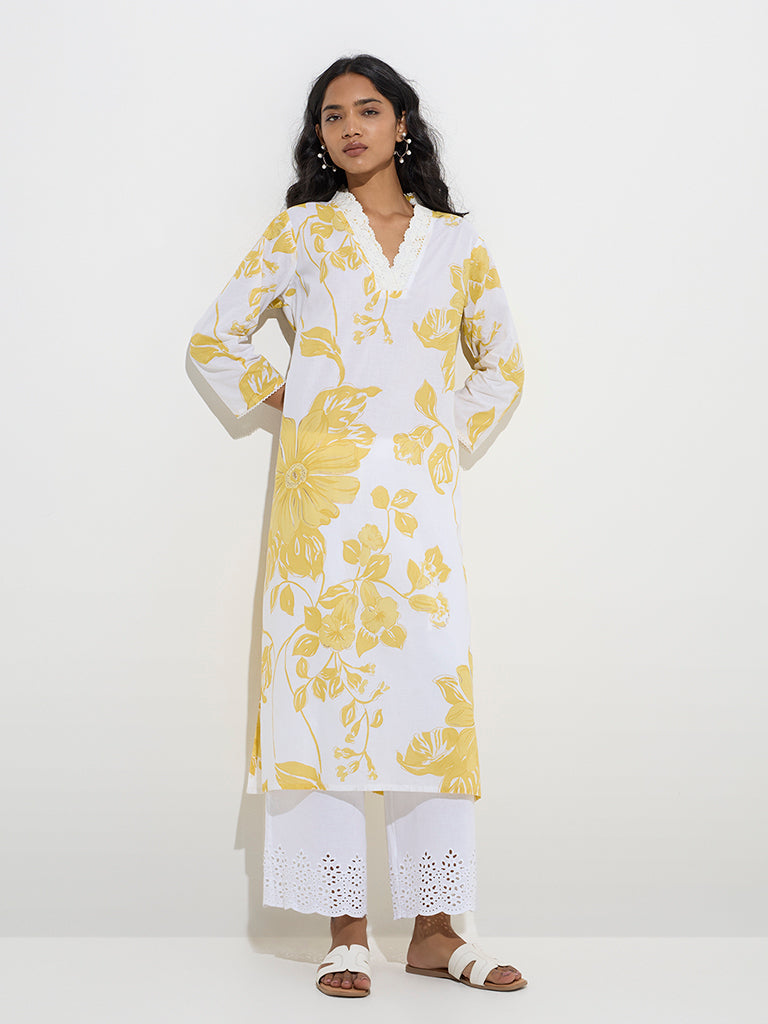 Utsa Yellow Botanical Design A-Line Kurta