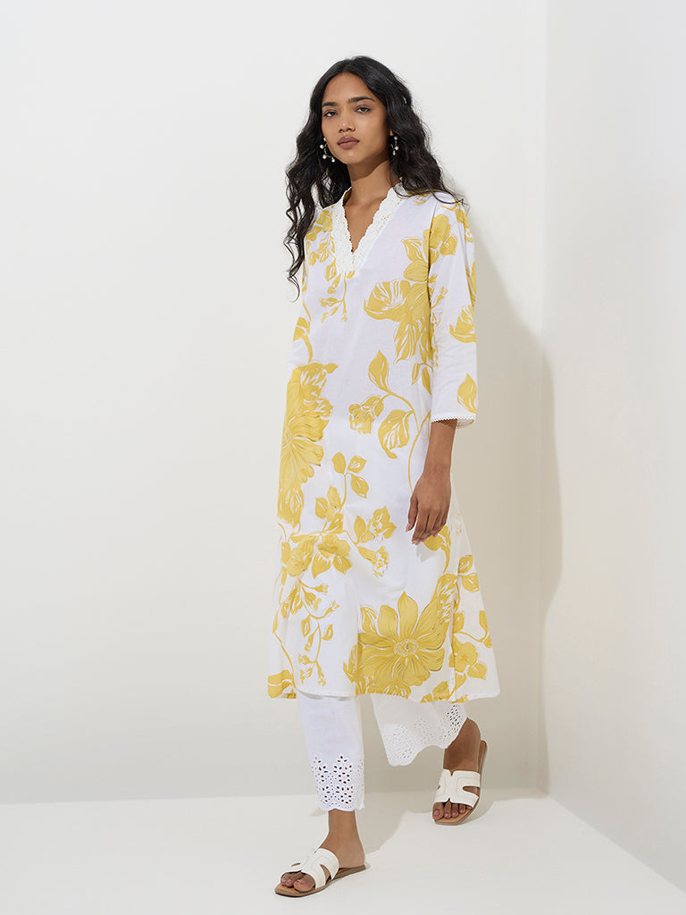 Utsa Yellow Botanical Design A-Line Kurta