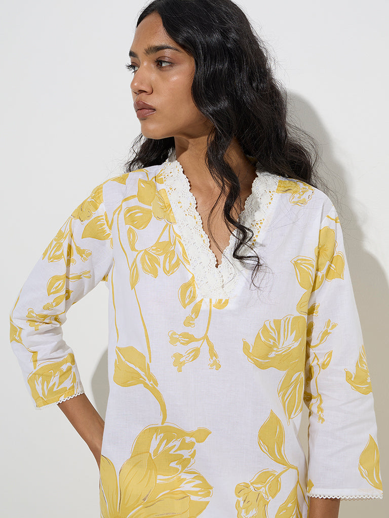 Utsa Yellow Botanical Design A-Line Kurta