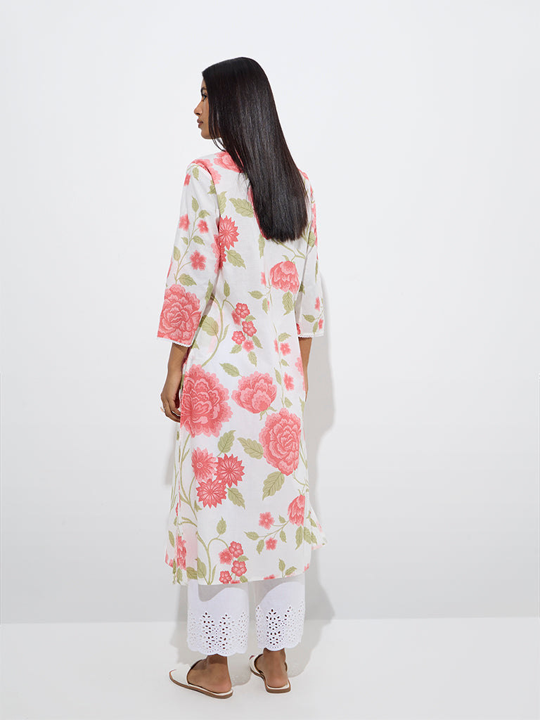 Westside Utsa Women's Coral Floral Design Cotton A-Line Kurta for Work Wear Back View