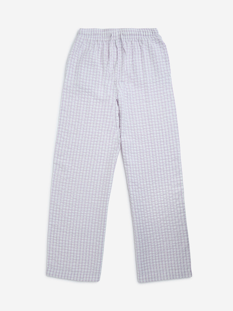 westisde Y&F Girls' Kids Lilac Checkered High-Rise Cotton Trousers for Casual Wear Front View