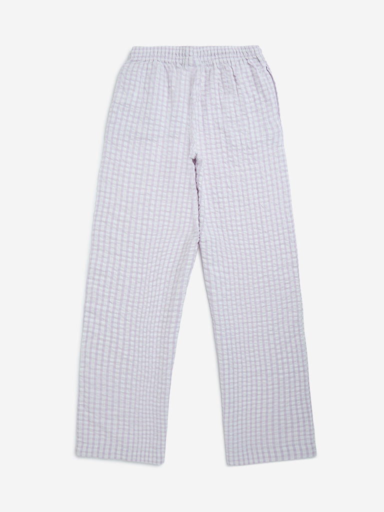 westisde Y&F Girls' Kids Lilac Checkered High-Rise Cotton Trousers for Casual Wear Back View