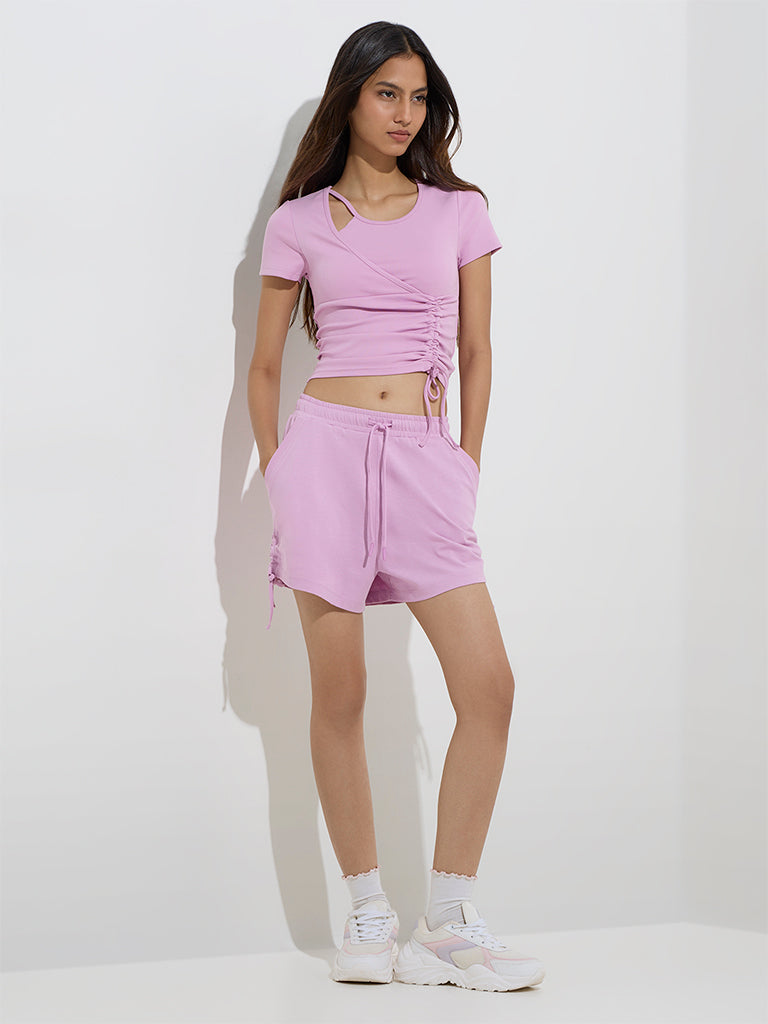 Westside Studiofit Women's Pink Ruched-Detailed Cotton Top for Sports Wear Full Model View