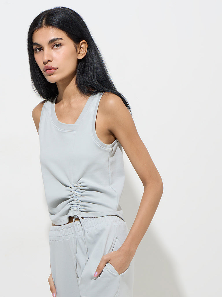 Studiofit Grey Ruched-Detailed Cotton-Blend Top