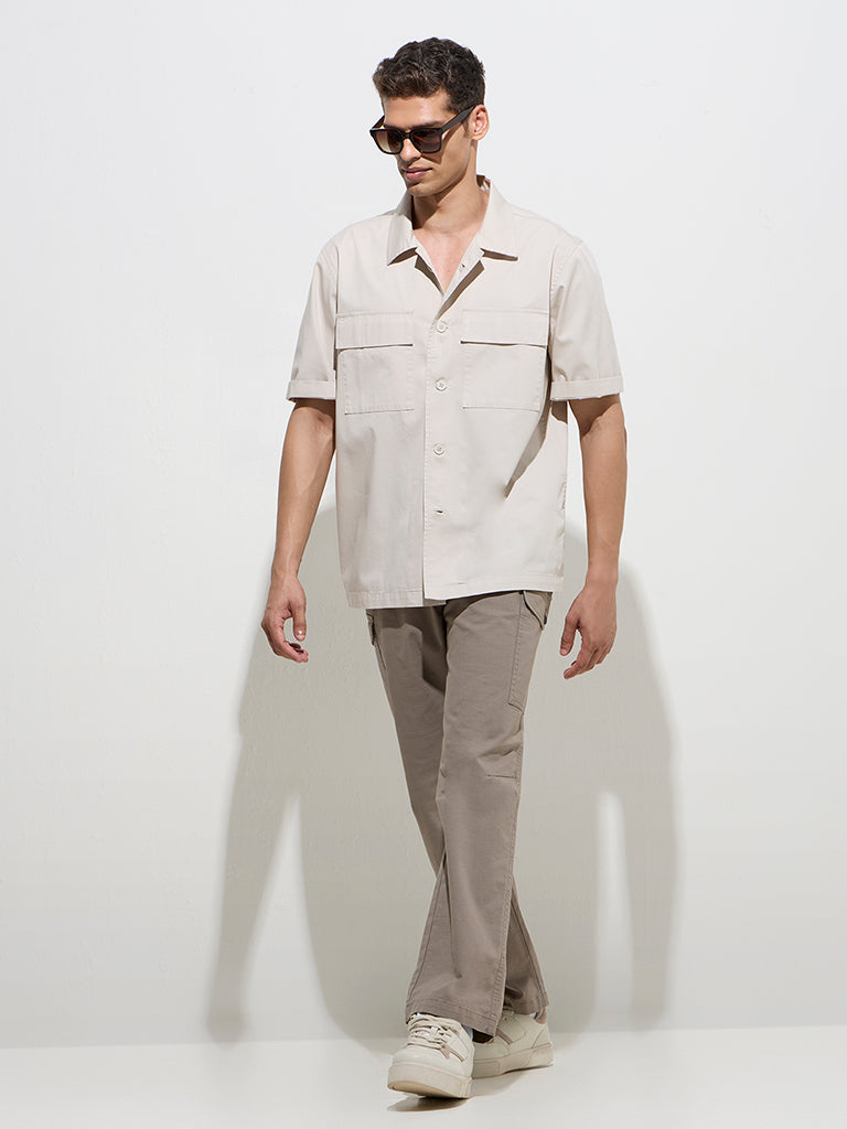 WES Casuals Beige Solid Relaxed-Fit Cotton Shirt