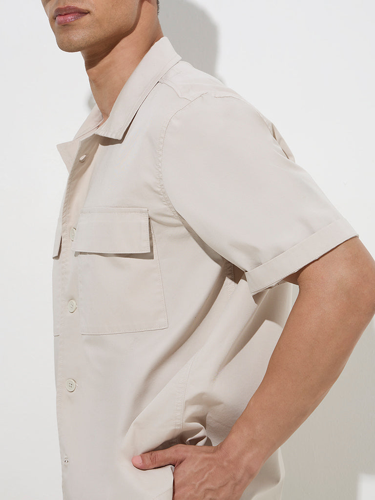 WES Casuals Beige Solid Relaxed-Fit Cotton Shirt