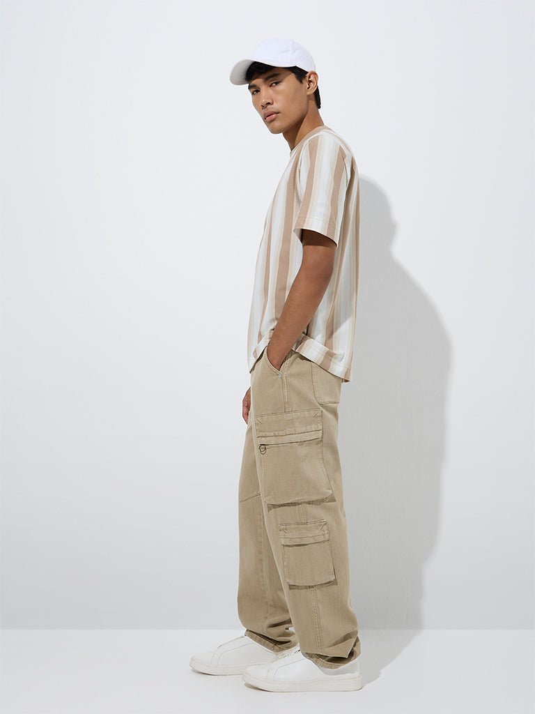 Nuon Beige Cargo-Style Relaxed-Fit Jeans