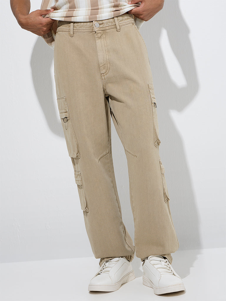 Nuon Beige Cargo-Style Relaxed-Fit Jeans