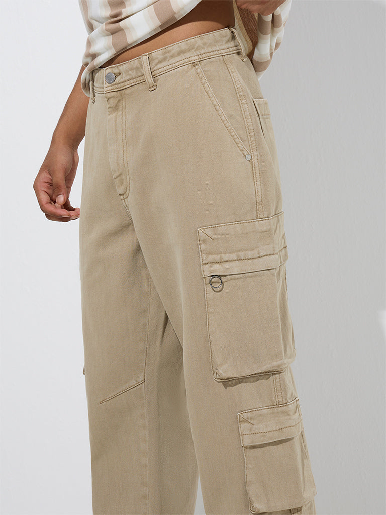 Nuon Beige Cargo-Style Relaxed-Fit Jeans