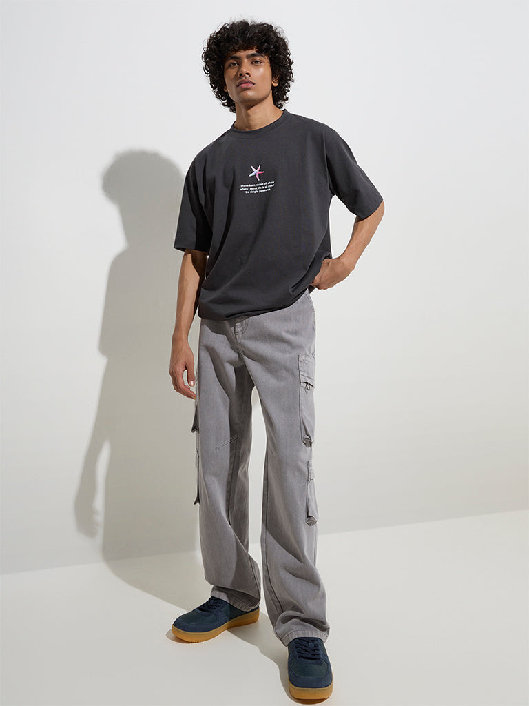 Nuon Grey Cargo-Style Relaxed-Fit Mid-Rise Jeans