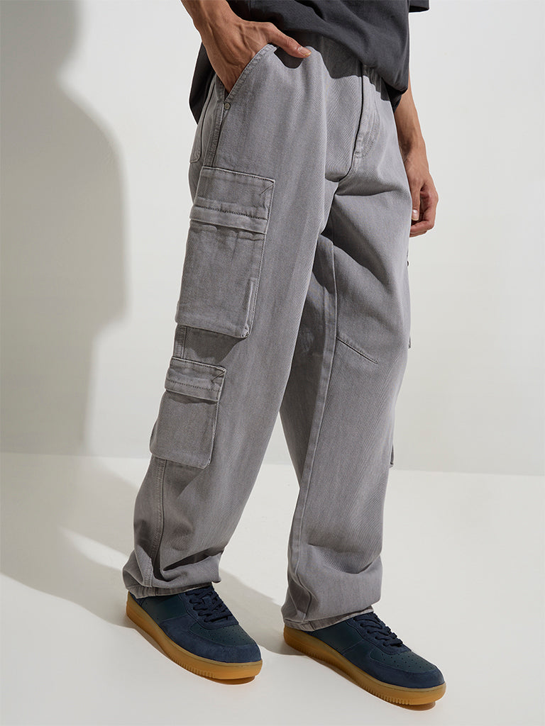 Nuon Grey Cargo-Style Relaxed-Fit Mid-Rise Jeans