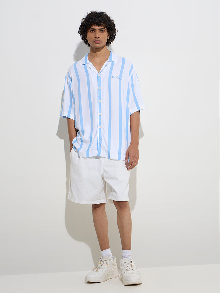 Nuon Blue Stripe Printed Relaxed-Fit Cotton-Blend Shirt