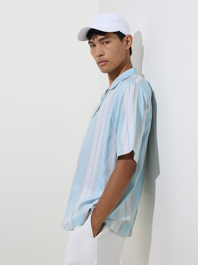 westisde Nuon Men's Blue Stripe Printed Relaxed-Fit Shirt for Casual Wear Front View