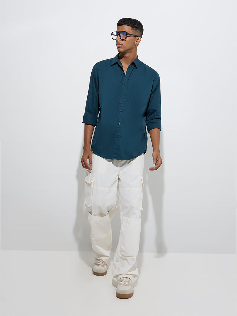 Westside Nuon Men's Teal Solid Slim-Fit Cotton Shirt for Casual Wear Full Model View