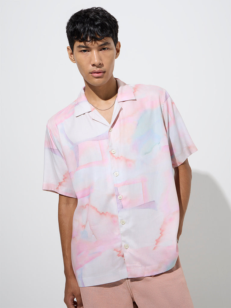 westisde Nuon Men's Pink Tie-Dye Pattern Relaxed-Fit Shirt for Casual Wear Front View