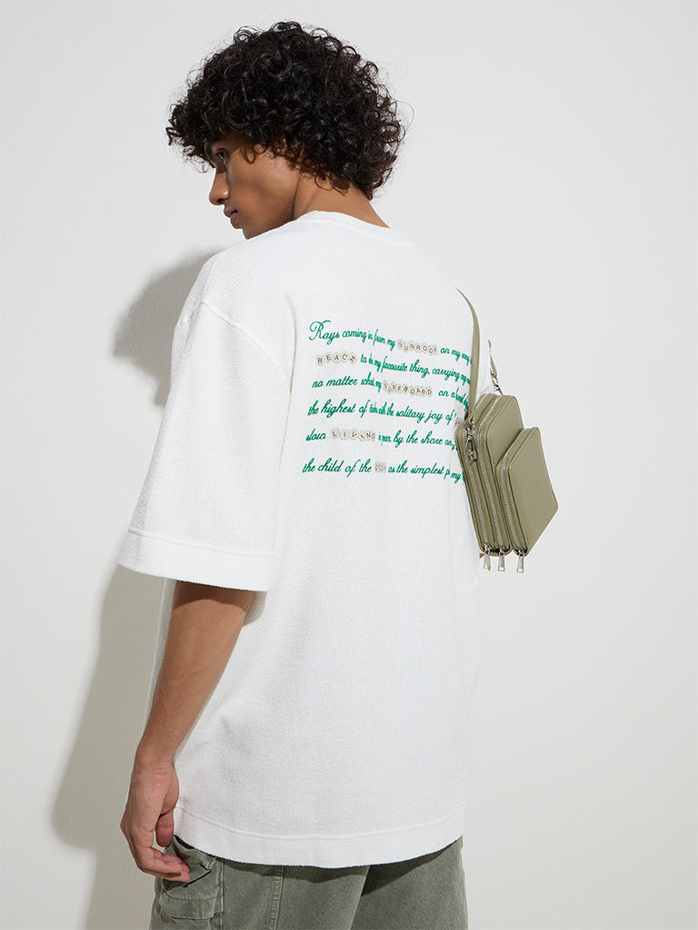 westisde Nuon Men's White Typographic Relaxed-Fit Cotton T-Shirt for Casual Wear Back View