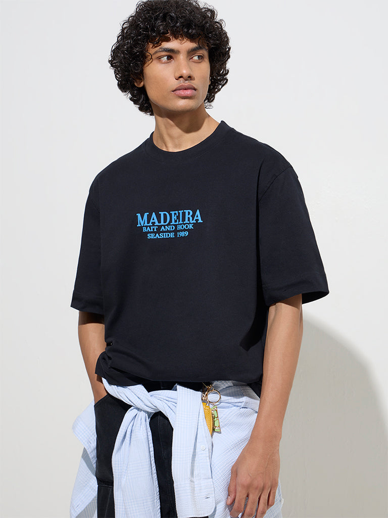 Nuon Black Printed Relaxed-Fit Cotton T-Shirt