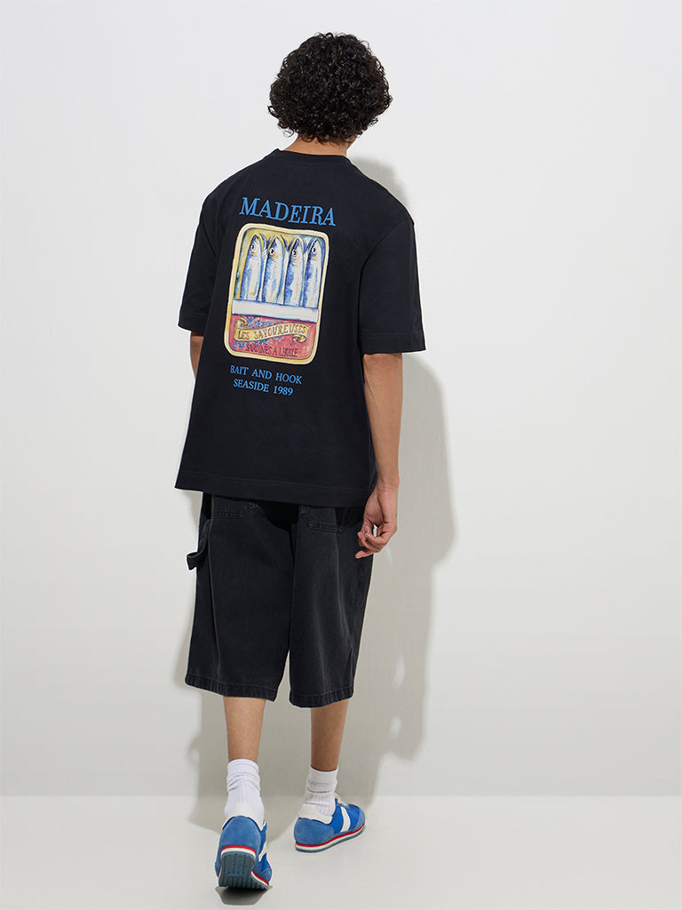 Nuon Black Printed Relaxed-Fit Cotton T-Shirt