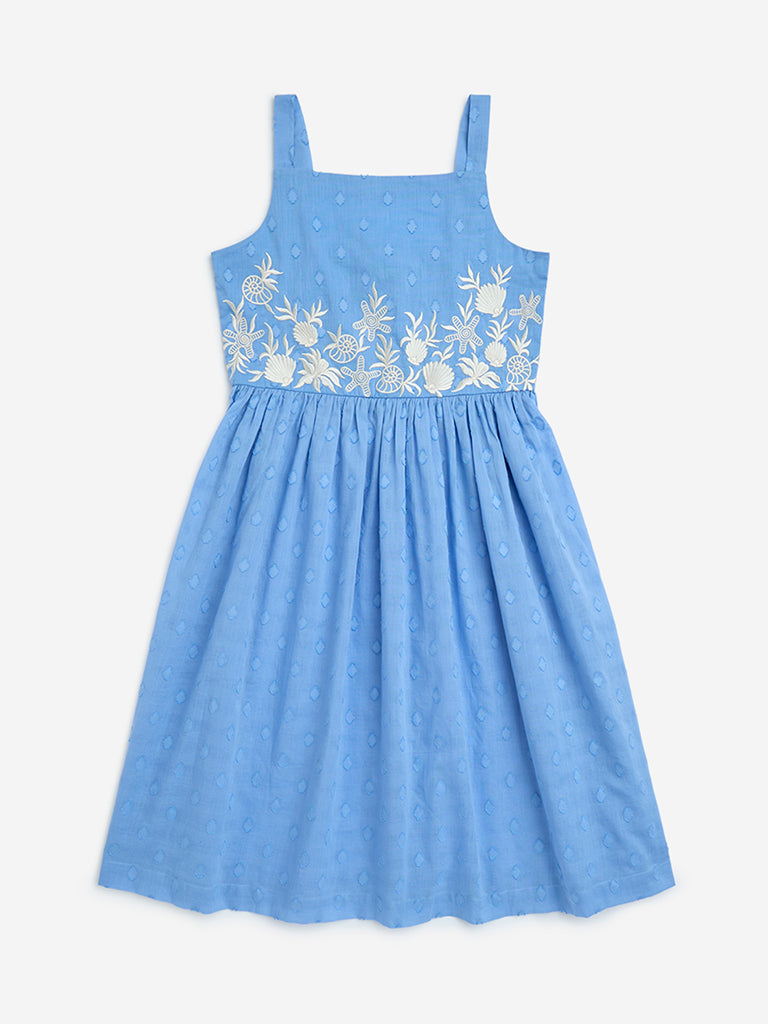 westisde Utsa Kids Girls' Blue Embroidered Cotton A-Line Dress - (8-14yrs) for Ethnic Wear Front View