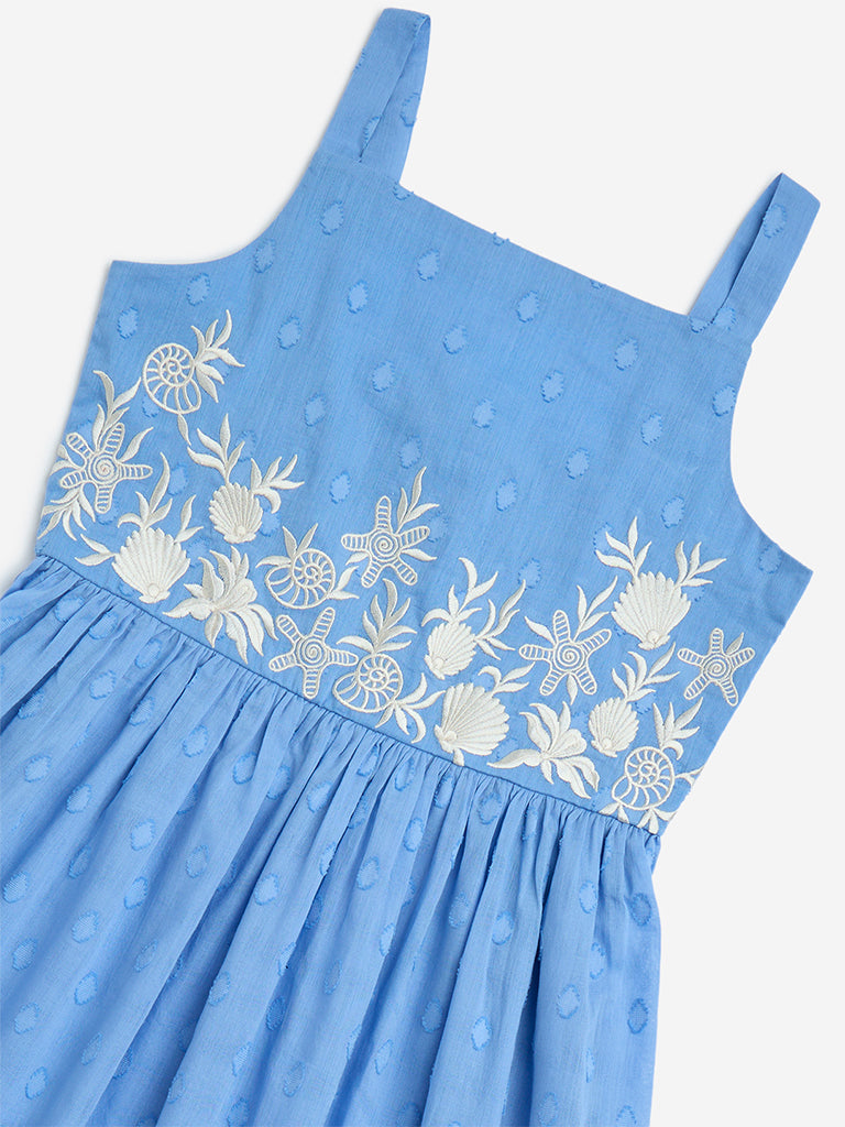 westisde Utsa Kids Girls' Blue Embroidered Cotton A-Line Dress - (8-14yrs) for Ethnic Wear Zoom View